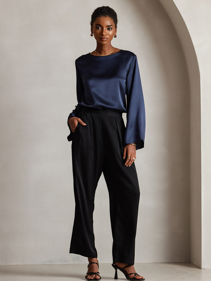 [Dark Blue] SilkSilky  Long Sleeve Boat Neck Women's Blouse 007