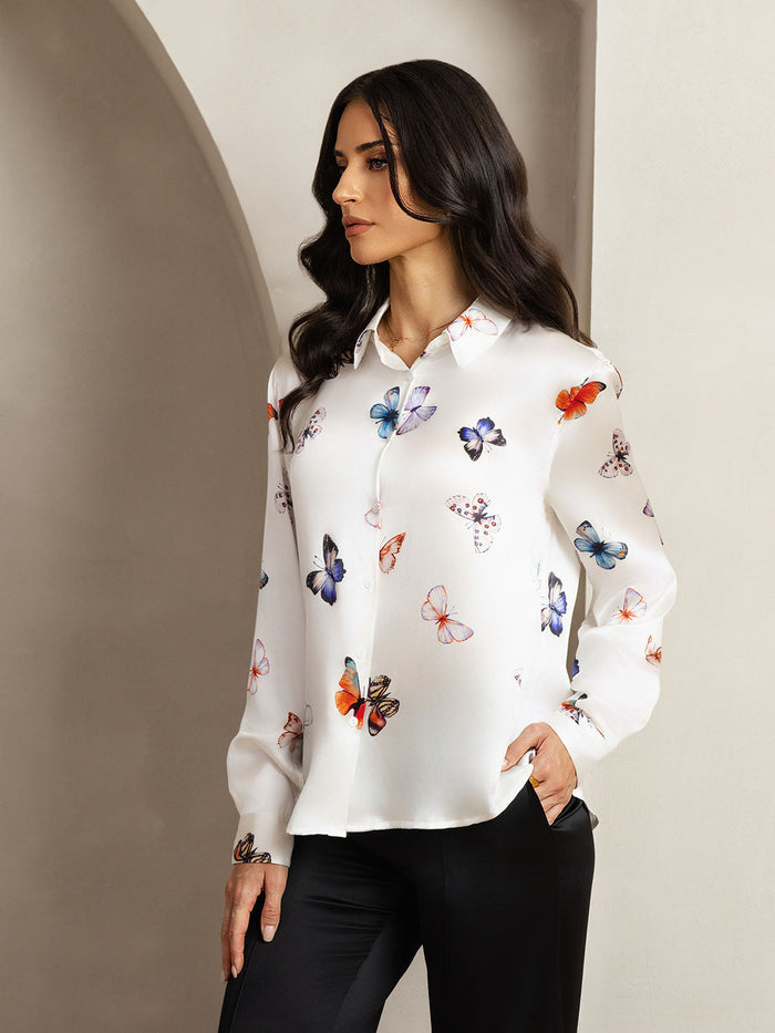 [White Butterfly] SilkSilky  Long Sleeve Lapel Collar Women's Shirts 006