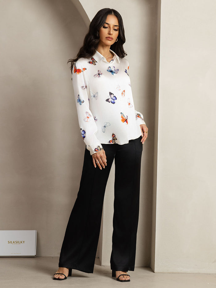 [White Butterfly] SilkSilky  Long Sleeve Lapel Collar Women's Shirts 007