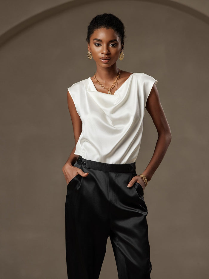 [White] SilkSilky  Cap Sleeve Cowl Neck Women's T-Shirt 003