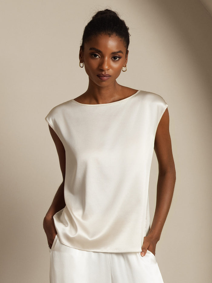 [White] SilkSilky  Cap Sleeve Round Neck Women's T-Shirt 001