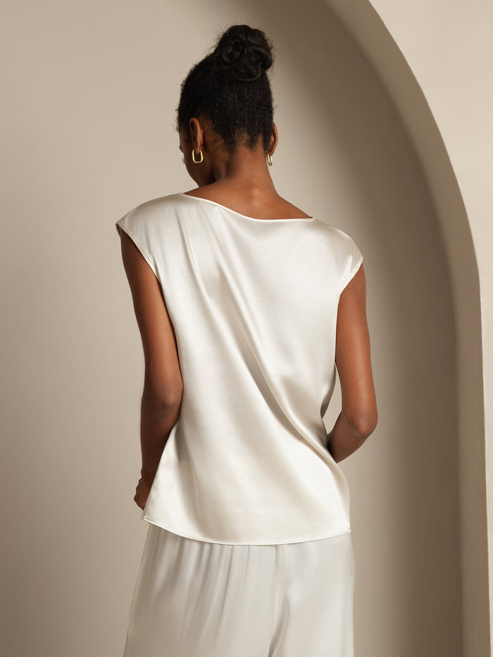 [White] SilkSilky  Cap Sleeve Round Neck Women's T-Shirt 002