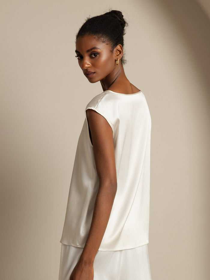 [White] SilkSilky  Cap Sleeve Round Neck Women's T-Shirt 005