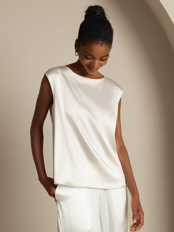 [White] SilkSilky  Cap Sleeve Round Neck Women's T-Shirt 007