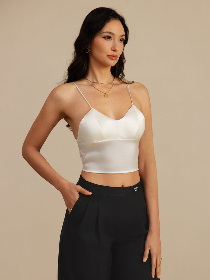 [White] SilkSilky  Spaghetti Strap V Neck Camisole Top 001