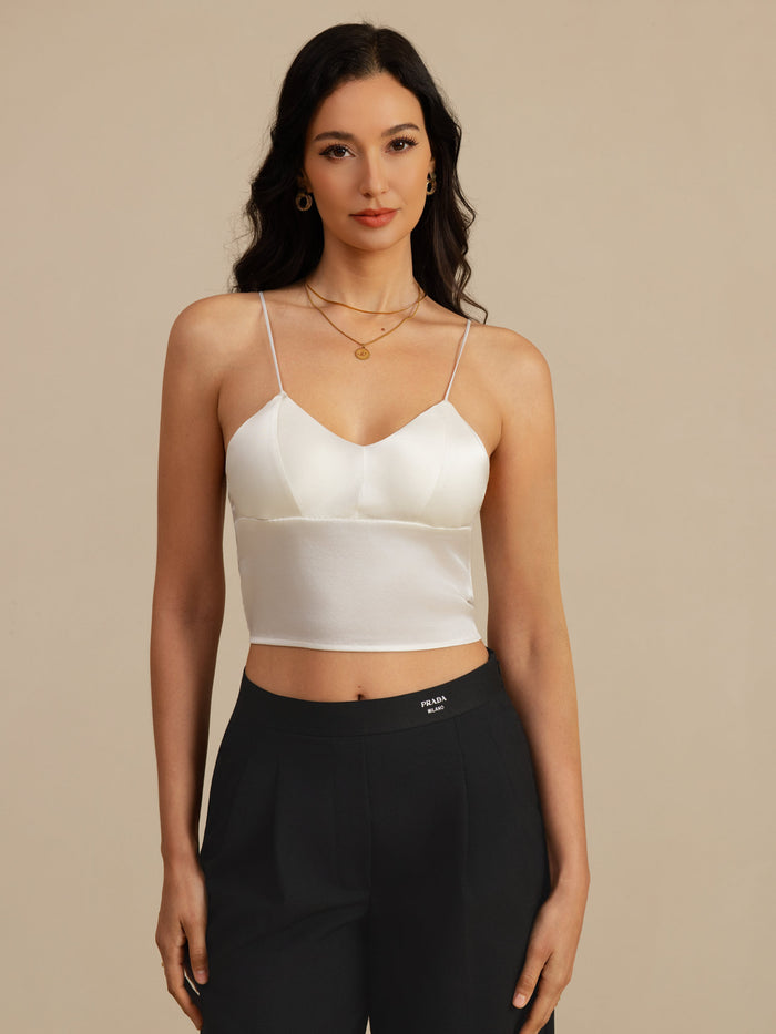 [White] SilkSilky  Spaghetti Strap V Neck Camisole Top 003