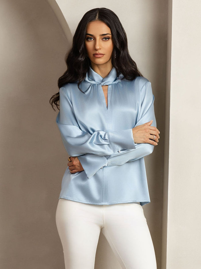 [Grayish Blue] SilkSilky  19Momme Silk Keyhole Neck Women's Shirt 006