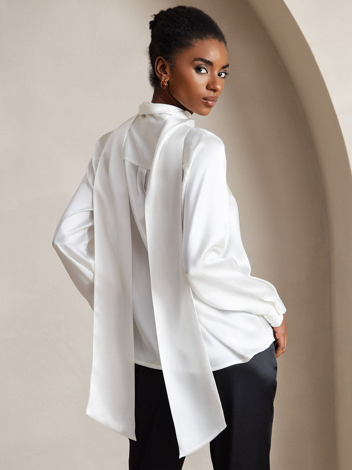 [White] SilkSilky  Long Sleeve Tie Neck Women's Blouse 002