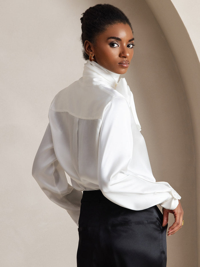 [White] SilkSilky  Long Sleeve Tie Neck Women's Blouse 004