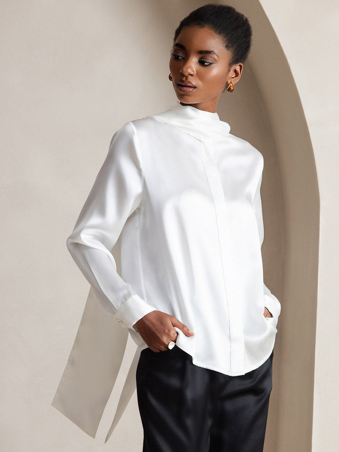 [White] SilkSilky  Long Sleeve Tie Neck Women's Blouse 005