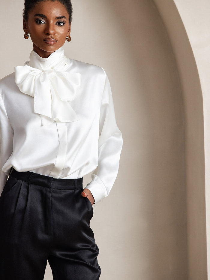 [White] SilkSilky  Long Sleeve Tie Neck Women's Blouse 006