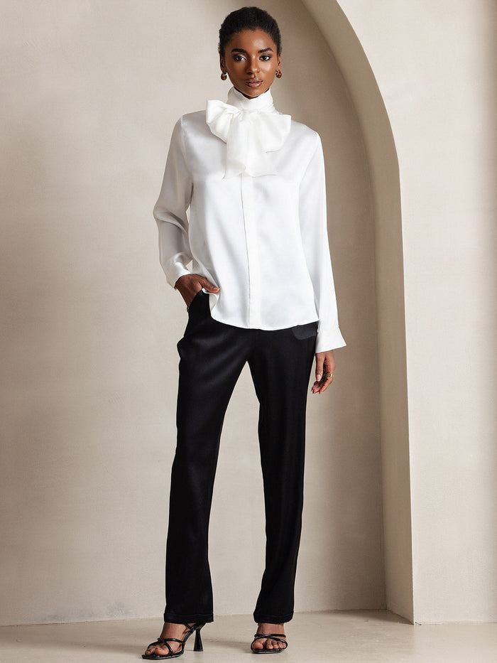 [White] SilkSilky  Long Sleeve Tie Neck Women's Blouse 007