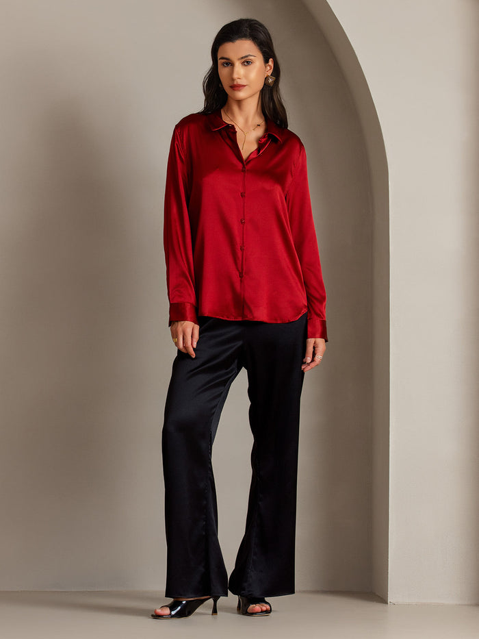 [Red] SilkSilky  Long Sleeve Lapel Collar Women's Shirts 005