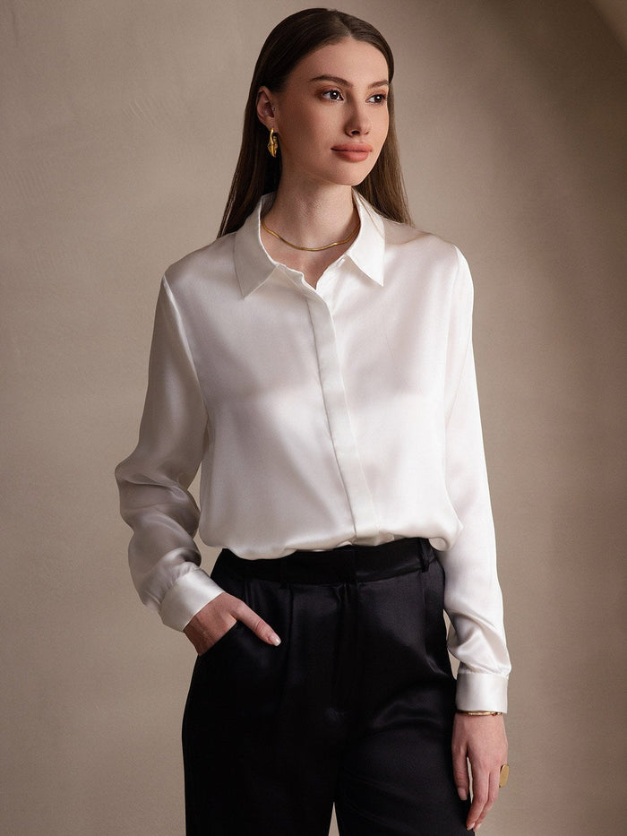 [White] SilkSilky  Long Sleeve Lapel Collar Women's Shirts 001