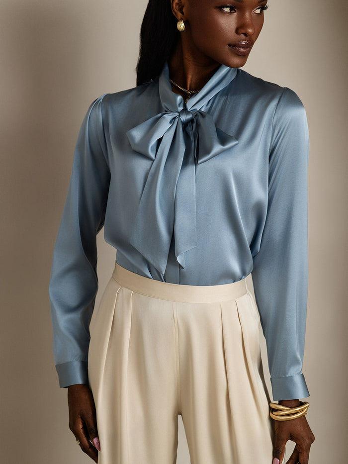 [Grayish Blue] SilkSilky  Long Sleeve Tie Neck Women's Blouse 003