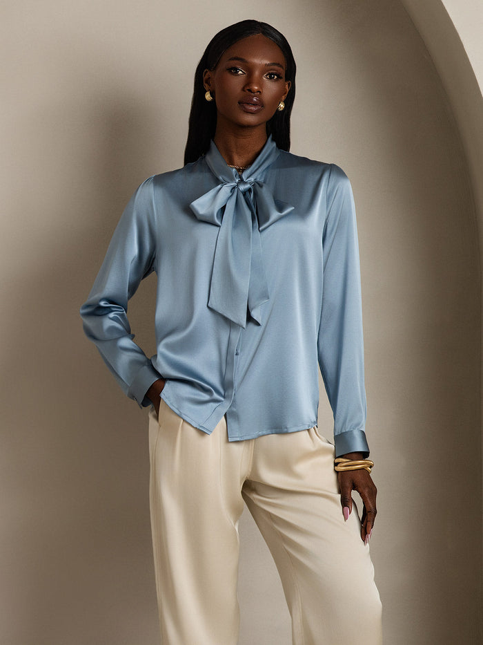 [Grayish Blue] SilkSilky  Long Sleeve Tie Neck Women's Blouse 005