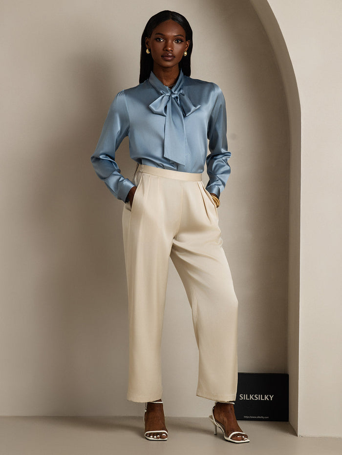 [Grayish Blue] SilkSilky  Long Sleeve Tie Neck Women's Blouse 007