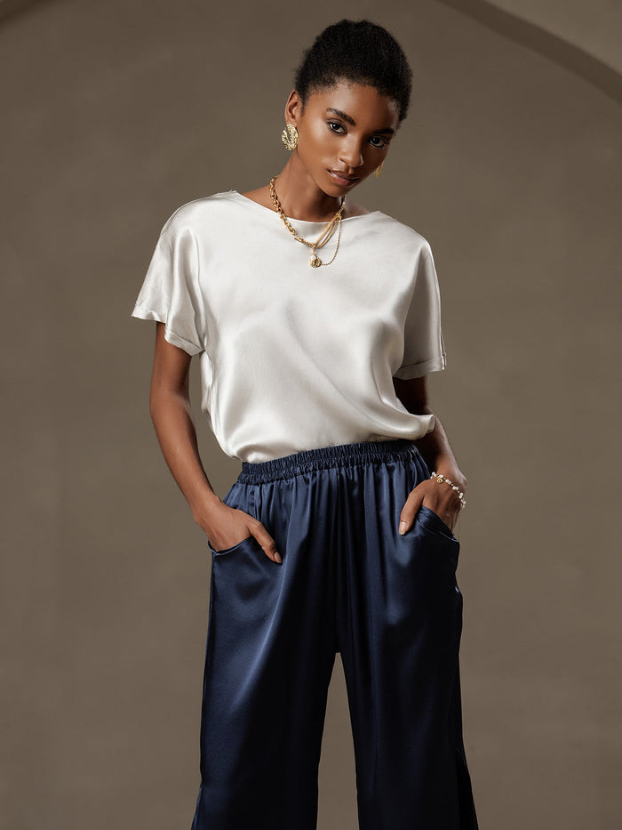 [Light Gray] SilkSilky  Short Sleeve Boat Neck Women's T-Shirt 003