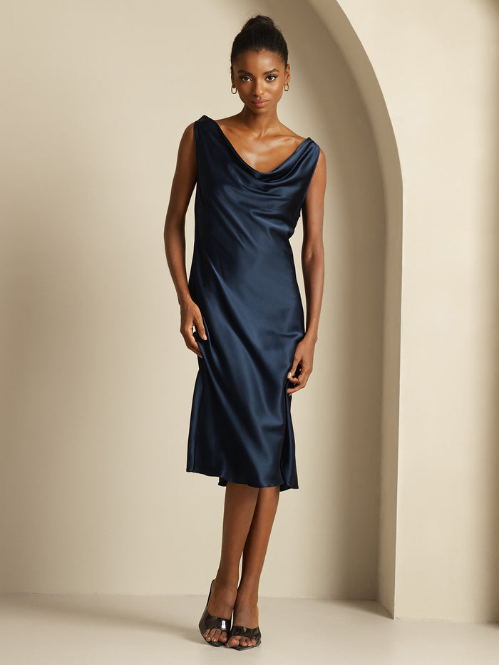 [Dark Blue] SilkSilky  Sleeveless Cowl Neck Dress 005