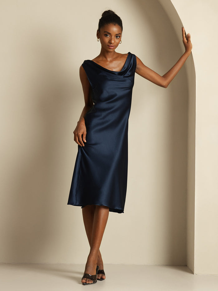 [Dark Blue] SilkSilky  Sleeveless Cowl Neck Dress 006