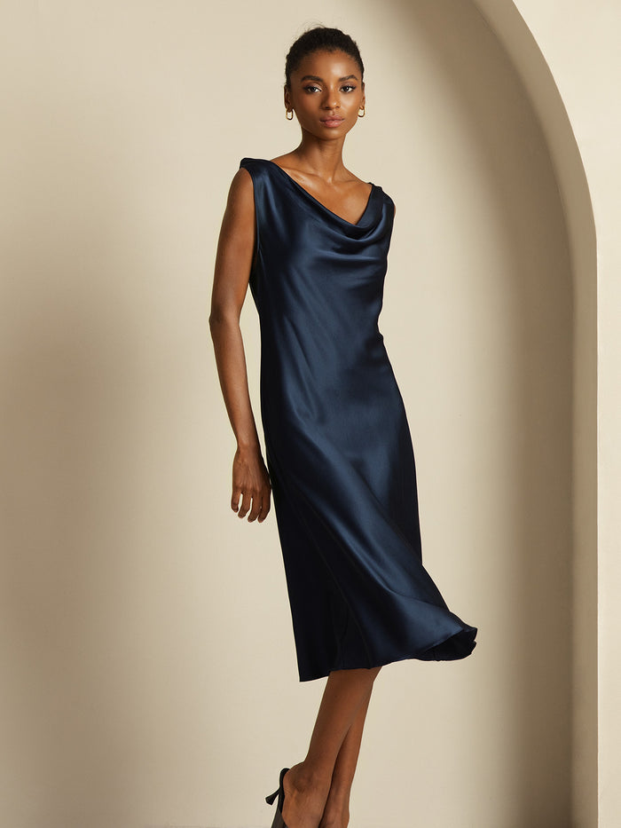 [Dark Blue] SilkSilky  Sleeveless Cowl Neck Dress 007