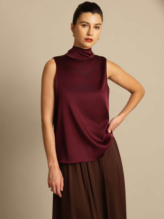 [Dark Red] SilkSilky  Sleeveless Tie Neck Women's Blouse 001