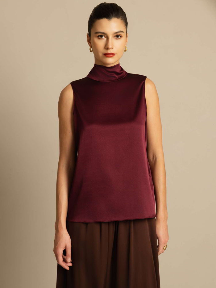 [Dark Red] SilkSilky  Sleeveless Tie Neck Women's Blouse 003