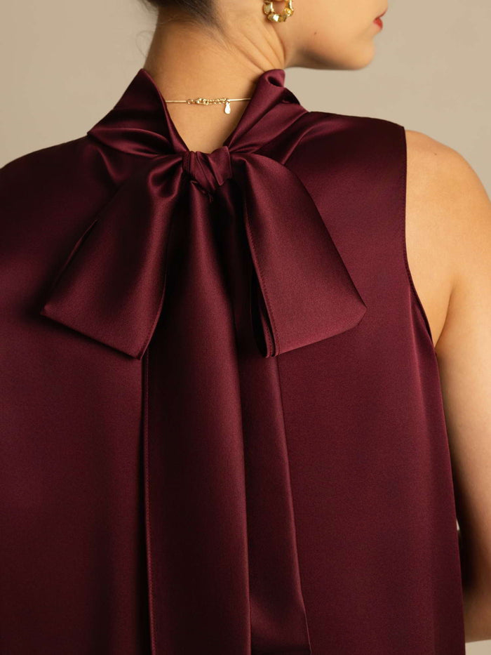 [Dark Red] SilkSilky  Sleeveless Tie Neck Women's Blouse 004