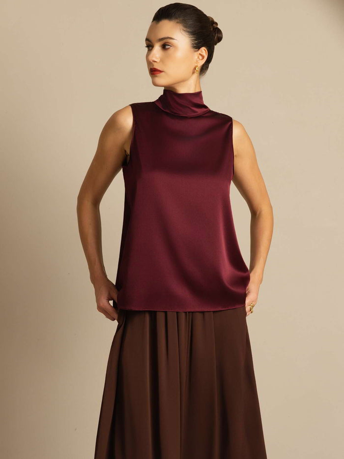 [Dark Red] SilkSilky  Sleeveless Tie Neck Women's Blouse 008