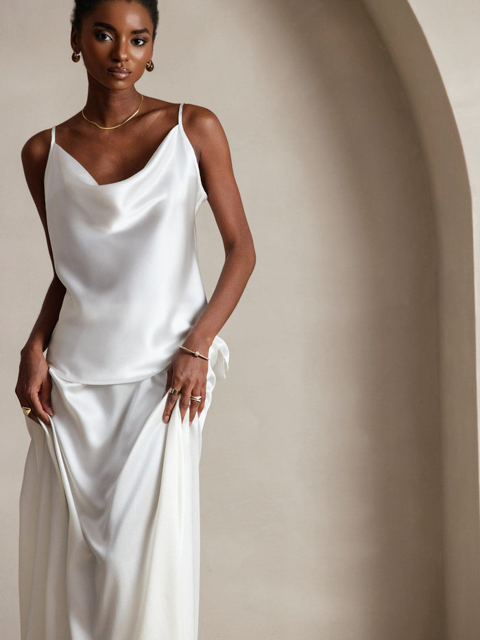 [White] SilkSilky  Spaghetti Strap Cowl Neck Camisole Top 003