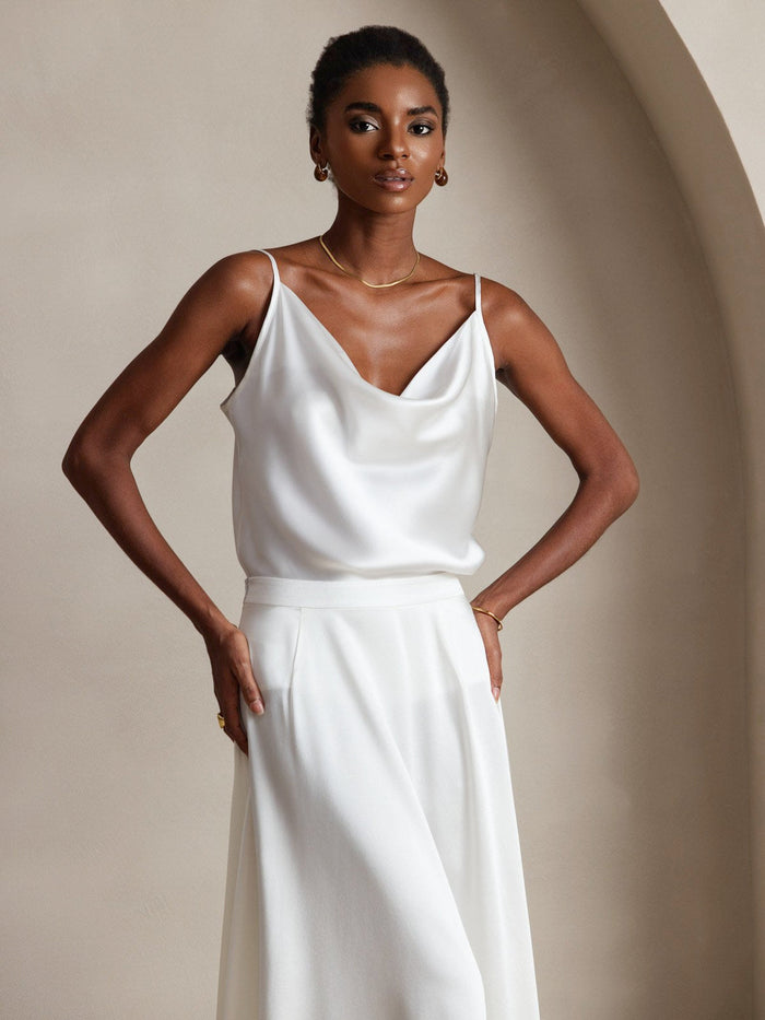 [White] SilkSilky  Spaghetti Strap Cowl Neck Camisole Top 004
