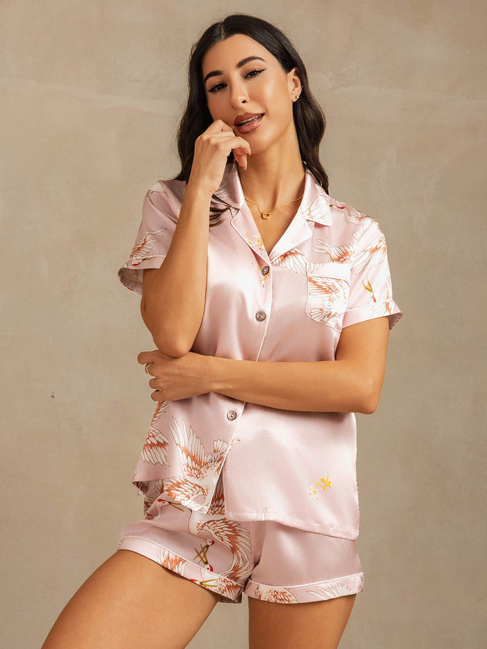 [Pink] SilkSilky  Short Sleeve Lapel Collar Women's Pajamas 003