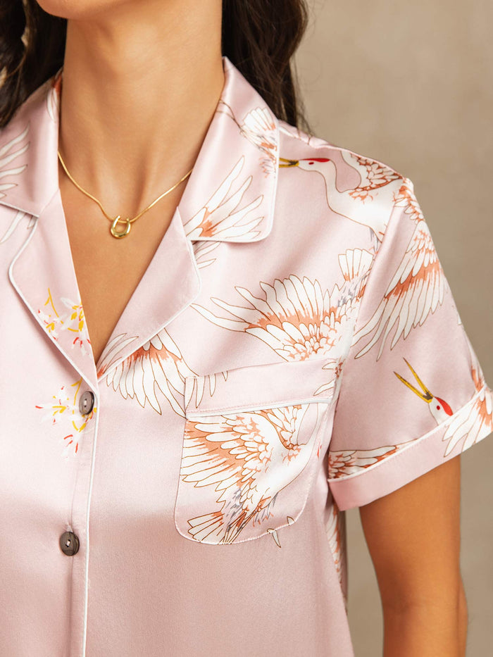 [Pink] SilkSilky  Short Sleeve Lapel Collar Women's Pajamas 004