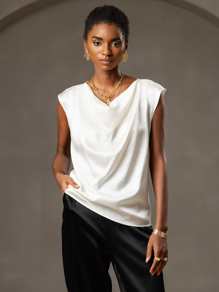 [White] SilkSilky  Cap Sleeve Cowl Neck Women's T-Shirt 004