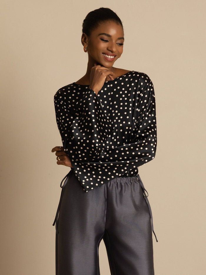 [Polka Dot] SilkSilky  19Momme Silk Long Sleeve Boat Neck Blouse 003