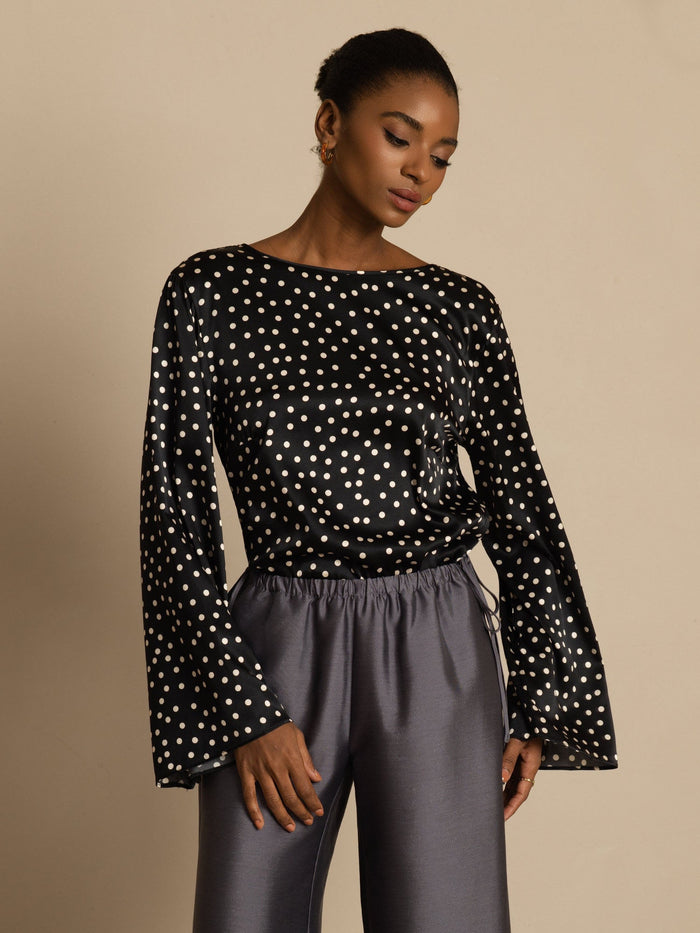[Polka Dot] SilkSilky  19Momme Silk Long Sleeve Boat Neck Blouse 004