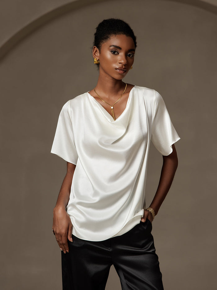 [White] SilkSilky  Short Sleeve Cowl Neck Women's Blouse 003