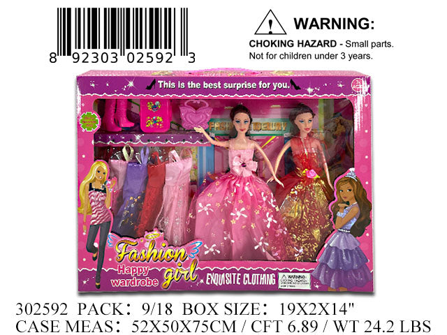 19X14X2"2PC 11"FASHION GIRL  DOLL+DRESSES WBX