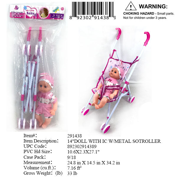24,8X14.5X34.2"14"IC BABY DOLL+METAL STROLLER