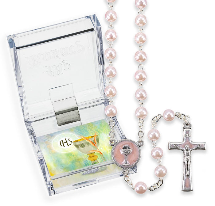 5mm Pink Pearlized Glass Bead First Communion Rosary
