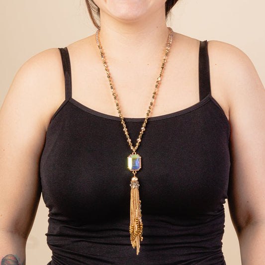 72770 - Crystal Beaded Tassel Necklace - Gold