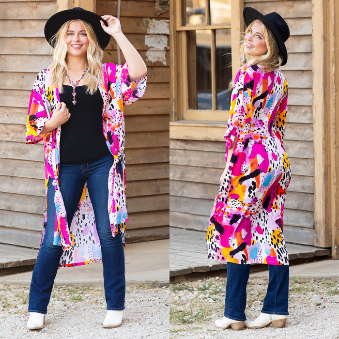 8937 - Multicolor Abstract Print Duster - Fuchsia