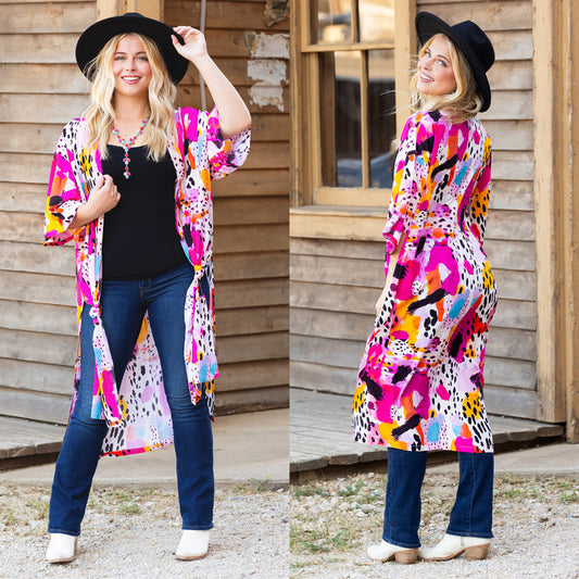 8937 - Multicolor Abstract Print Duster - Fuchsia