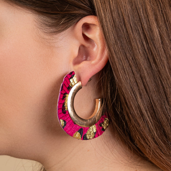 93202 - Animal Print Hoop Earrings - Fuchsia