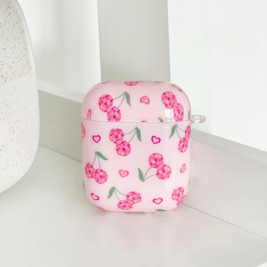 Pink AirPods Case with cherry design, with love hearts.