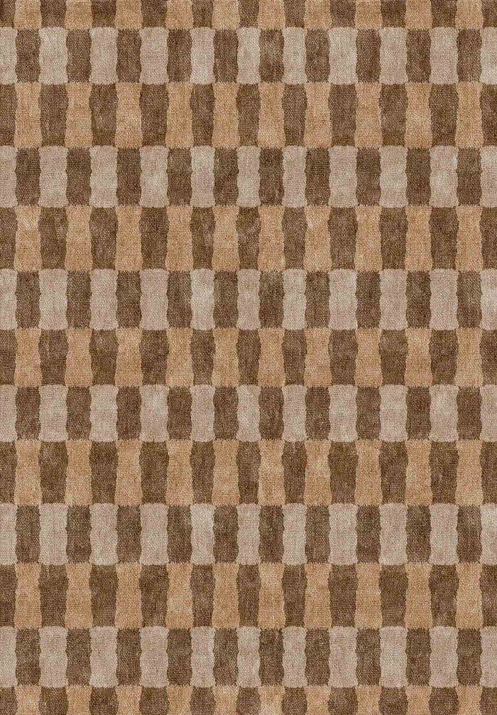 Brown and beige rug featuring a repeating vertical pattern of interlocking, rounded rectangular shapes.