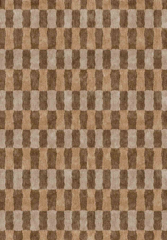 Brown and beige rug featuring a repeating vertical pattern of interlocking, rounded rectangular shapes.