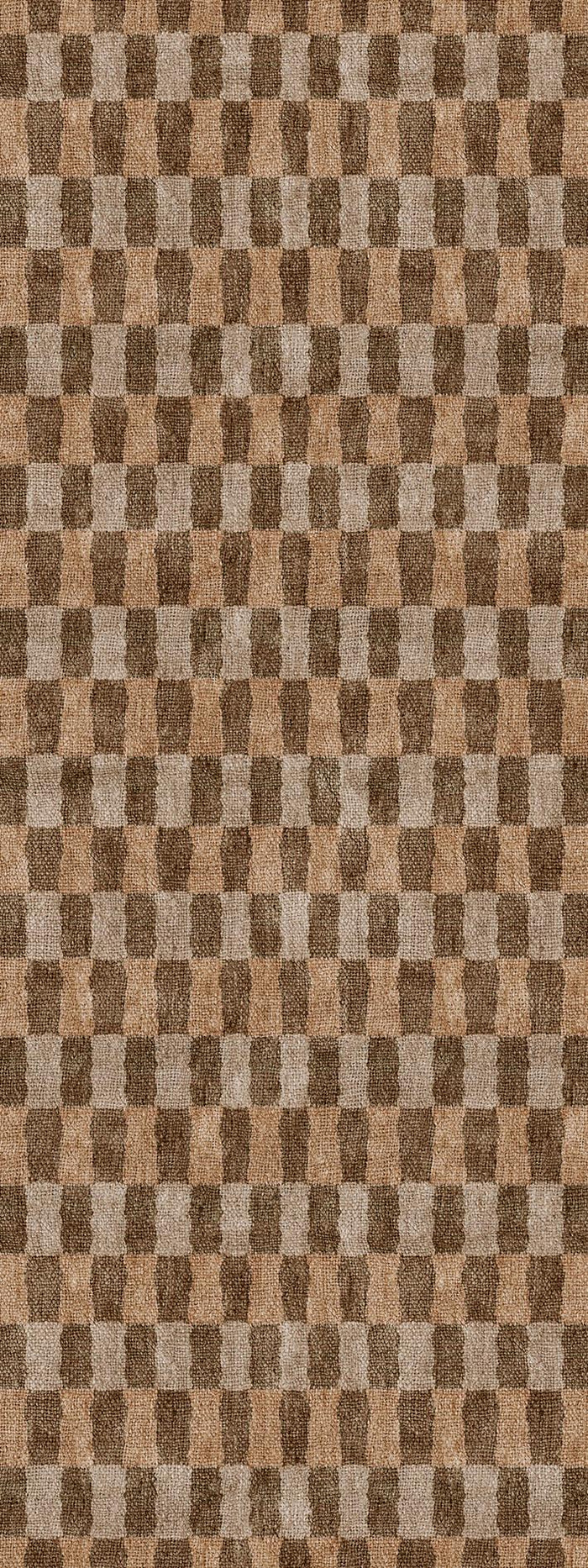 Brown and tan rug with a repeating geometric pattern of alternating vertical rectangular blocks.