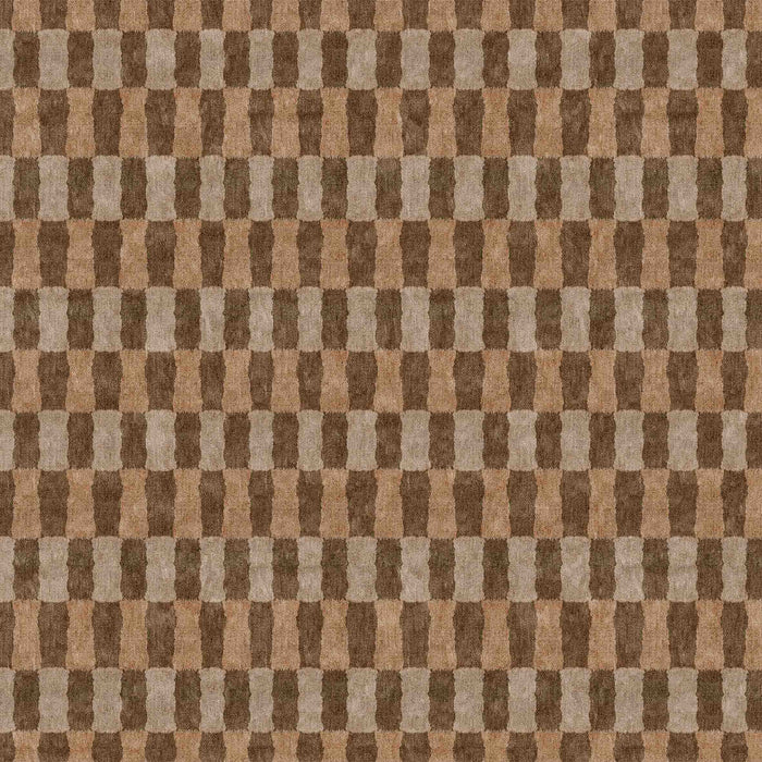 Brown and tan rug with a repeating geometric pattern of vertical, slightly curved rectangular blocks.