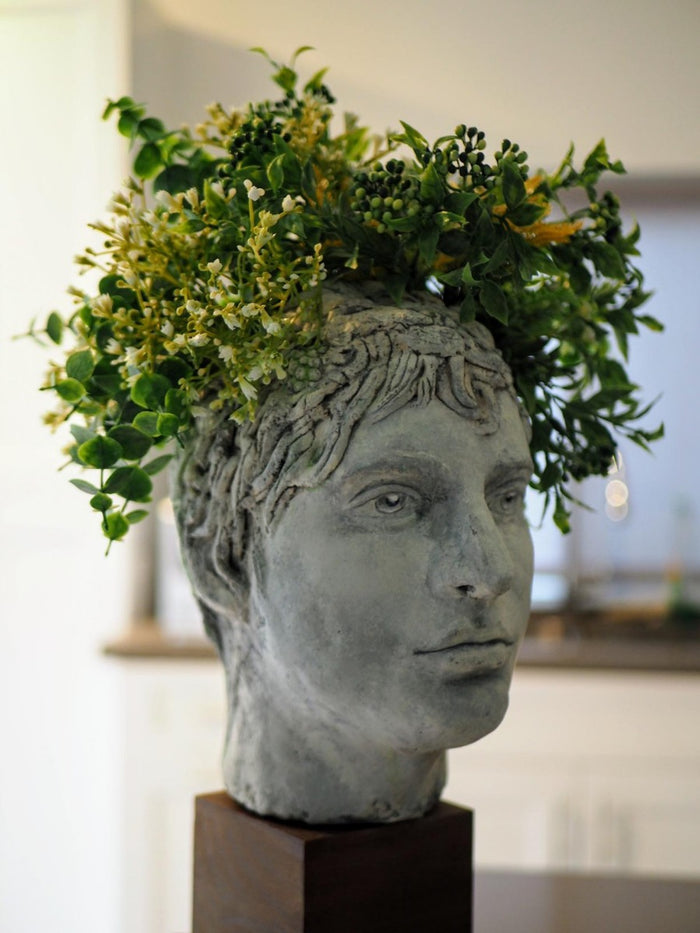 Head sculpture sitting on wood block with plant growing out of the top of the head.